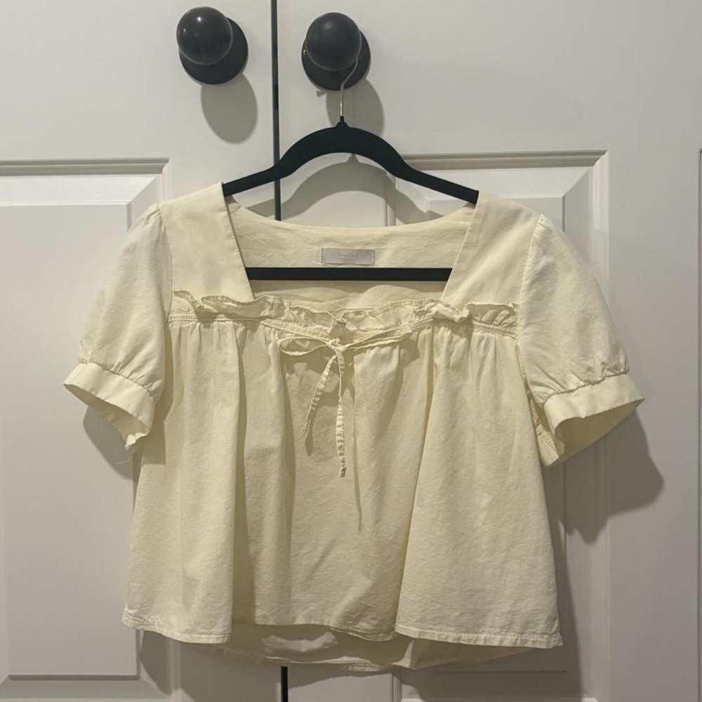 Cream Short-Sleeve Peasant Blouse with Tie Front Detail